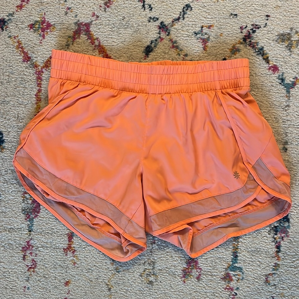 Athleta Mesh Racer Run Short 4” Orange with Zip Pocket EUC